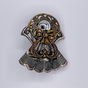 VTG Angel Brooch Kat’s Creations Holiday Mixed Metal Pin Silver Gold Guardian
